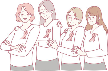 Women unite, showcasing strength, solidarity, and empowerment, symbolized by pink ribbons of hope and support