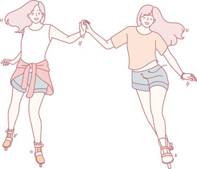 Two friends are joyfully roller skating together, holding hands while radiating happiness and friendship