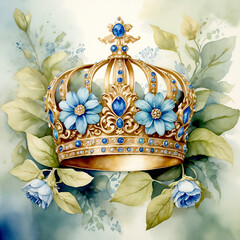 A majestic golden crown adorned with blue and pink flowers and jewels, blending royal elegance with soft floral beauty.