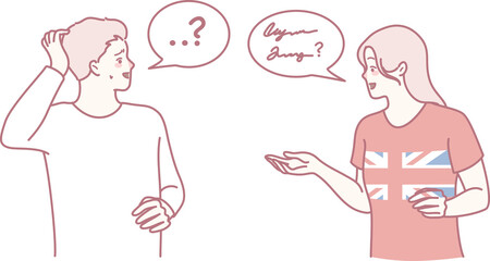 The artwork illustrates a lively conversation between two individuals who are trying to overcome a language barrier