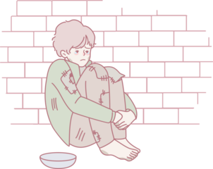 An illustration of a vulnerable boy sitting against a wall, highlighting homelessness and societal hardship