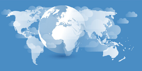 A conceptual image of global reach or connection, featuring a stylized world map and 3d earth globe beneath stylized, floating grey clouds on a blue background. Universality and international themes.
