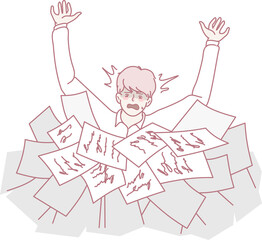 A character overwhelmed by paperwork, highlighting the struggle of managing multiple tasks and...