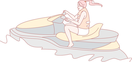 A stylish and vibrant illustration of a young woman enjoying a thrilling jet ski ride, showcasing fun and adventure