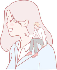 A playful depiction of a small figure sitting on a woman's shoulder, conveying a sense of friendship.