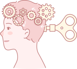 A delightful and whimsical illustration showcasing a detailed thinking process featuring gears and a winding key