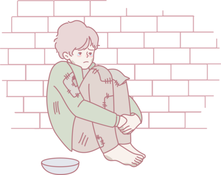 An illustration of a vulnerable boy sitting against a wall, highlighting homelessness and societal hardship