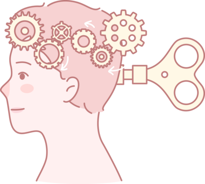 A delightful and whimsical illustration showcasing a detailed thinking process featuring gears and a winding key