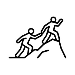 Obraz premium Two hikers helping each other climb a mountain in a linear vector design 