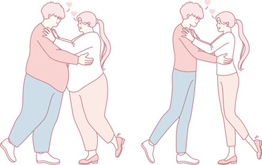 A warm illustration showcasing couples in love, celebrating diverse body types and embracing affection.