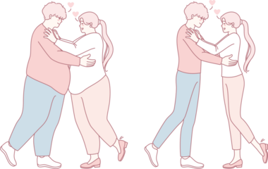 A warm illustration showcasing couples in love, celebrating diverse body types and embracing affection.