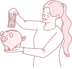 A cheerful person joyfully deposits money into a cute piggy bank, symbolizing savings and financial planning