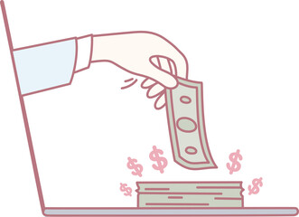 An illustration showcasing digital banking, where cash is being deposited into a laptop system for convenience