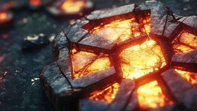 Fiery, fractured stone mandala on dark surface