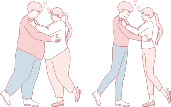 A warm illustration showcasing couples in love, celebrating diverse body types and embracing affection.