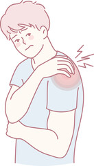 A straightforward illustration that depicts a young adult who is experiencing discomfort and pain in their shoulder