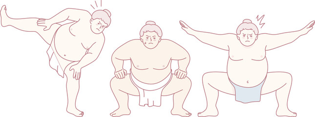 Creative and playful cartoon designs featuring sumo wrestlers showcasing various stances and unique expressions