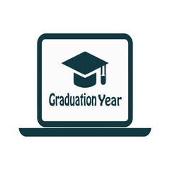 Laptop displaying graduation year and cap