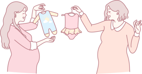 Two expectant mothers joyfully sharing and comparing adorable baby clothes in delightful pastel colors