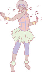 A vibrant illustration of a joyful dancer in a colorful retro outfit, surrounded by cheerful musical notes