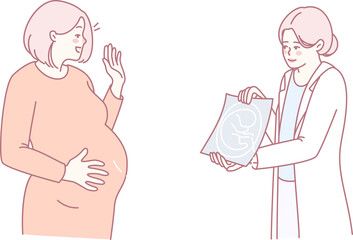A joyful, pregnant woman beams and waves cheerfully while a knowledgeable doctor displays her ultrasound image