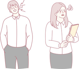 Obraz premium An illustration showcasing workplace dynamics with a cheerful male colleague and an annoyed female counterpart