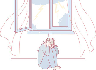 An illustration of anxiety shows a person curled up near an open window during a stormy night, depicting loneliness