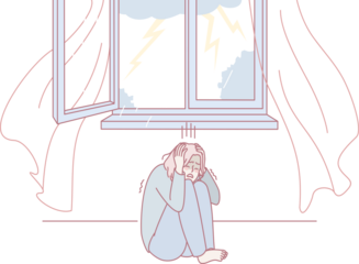 An illustration of anxiety shows a person curled up near an open window during a stormy night, depicting loneliness