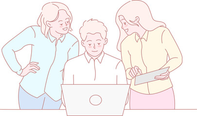 Three colleagues are actively engaging in a productive discussion while working together on a laptop and tablet