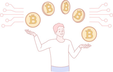 A whimsical illustration of a person juggling Bitcoin coins, symbolizing the dynamic nature of crypto trading