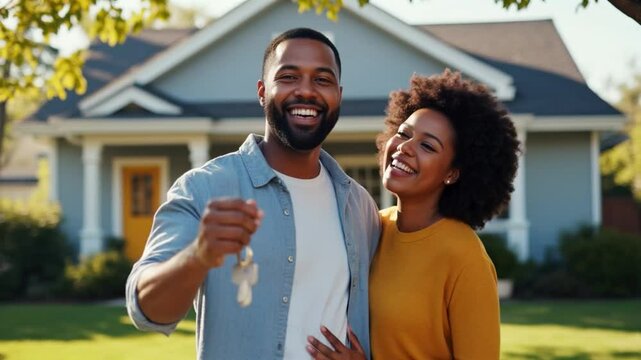 A happy young couple stands proudly in front of their new home, smiling and holding a key, ready to begin an exciting chapter of their lives together.
