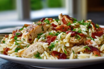 Chicken Bacon Ranch Orzo, isolated on white background.
