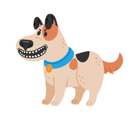 Happy cartoon dog standing proudly with a big smile, displaying its teeth, wearing a blue collar adorned with a shiny medal, set against a clean white background