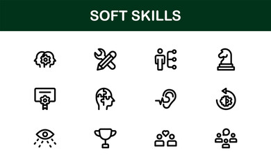 Soft Skills Icon Set Featuring Communication, Leadership, Teamwork, and Creativity Symbols in Clean Vector Style