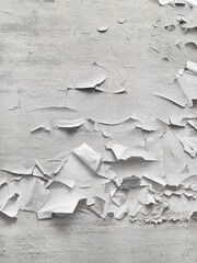 Background of peeling old wall paint. Damaged grunge wall surface. Concrete wall with peeling white paint due to humidity, temperature changes, paint age, mold and mildew growth.