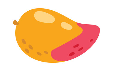 Ripe mango fruit with peel and pulp showing vitamins and nutrients is lying on a white background representing healthy eating and wellbeing