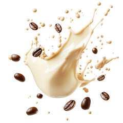 Creamer splash with coffee beans isolated on transparent background