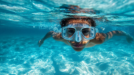 Naklejka premium Boy snorkeling in clear ocean water over sandy seabed