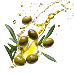 Green olives and olive oil splash isolated on transparent background