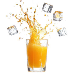 Orange juice splash with ice cubes isolated on transparent background