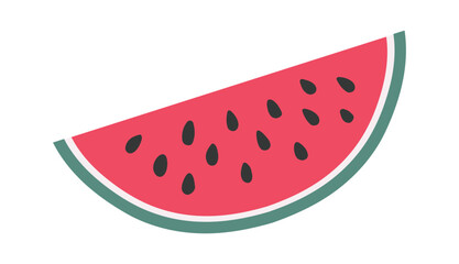 Minimalist vector illustration of a refreshing slice of red watermelon with black seeds, isolated on a white background, representing summer vibes and healthy eating