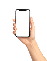 Hand Holding Smartphone with Blank Screen on White Background