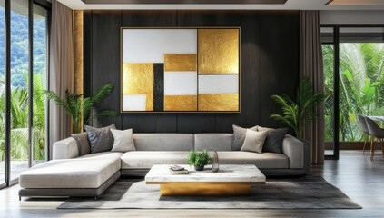 Fototapeta premium Modern living room with a large abstract art piece