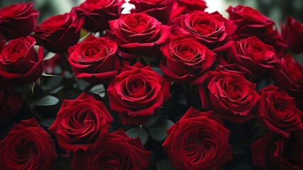 A beautiful bouquet of fresh red roses in full bloom, tightly packed together to create a rich and romantic floral display. The vibrant red petals and deep green leaves symbolize love, passion, and el