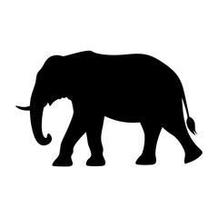 A solid black silhouette of a elephant walking, side view.