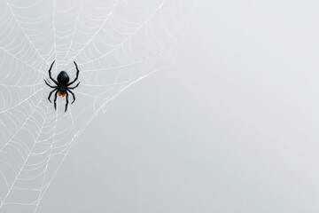 Spider web frame illustration, thin webbing lines and black spider, clean layout