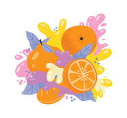 Whole oranges, orange slices, and stylized splashes of juice and cream create a dynamic and refreshing composition, perfect for capturing the essence of citrus fruit
