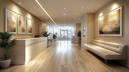 Bright hotel lobby interior with reception desk and waiting area