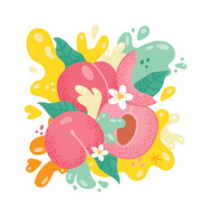 Ripe peaches, peach slices, leaves, and blossoms combine with colorful juice splashes in a dynamic and refreshing summer themed illustration