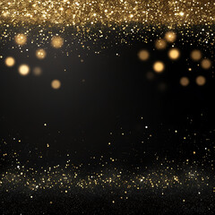 Obraz premium Elegant black background with sparkling gold glitter and bokeh lights, creating a festive and luxurious atmosphere.